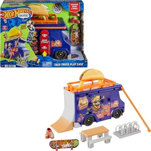 Hot Wheels Skate Taco Truck Play Case Portable Fingerboard Skatepark Playset for Kids 1 Exclusive Board 1 Pair of Removable Skate Shoes Storage