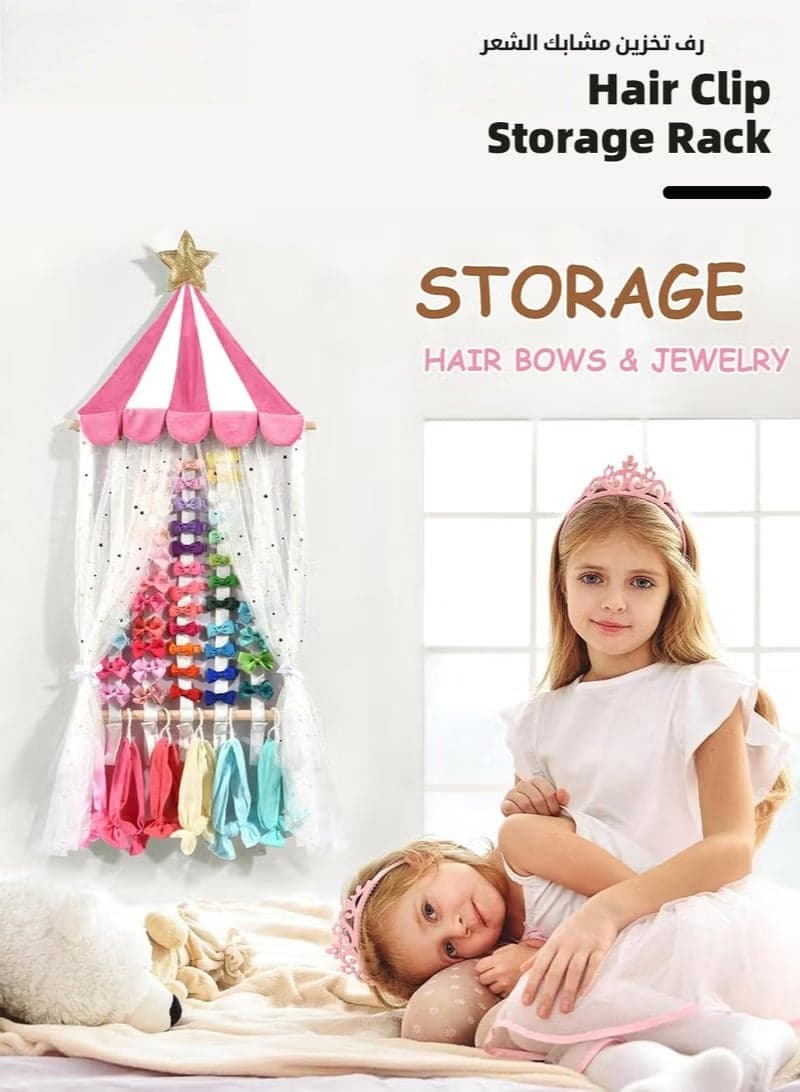 Hairpin Organizer, Headband Holder with Tent Shape, Baby Hair Accessories Organizer Storage, Wall Hanging Decor for Little Girls' Room, Hair Accessories Arrangement Tent (5 Compartments+5 Hooks)