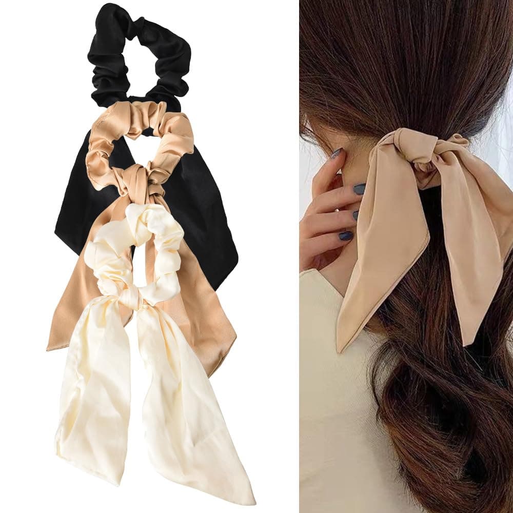 Silky Satin Hair Scarf Scrunchies with Ribbon Tails Elastic Ponytail Holders for Women and Girls in Black White Beige for Thick and Thin Hair 3PCS