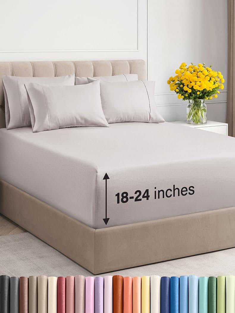 Extra Deep Cal King Sheet Set 6 Piece Breathable and Cooling Sheets Hotel Luxury Bed Sheets Set Easy Fit Soft Wrinkle Free and Comfy Sheets Set Light Grey Sheet Set with Extra Deep Pockets