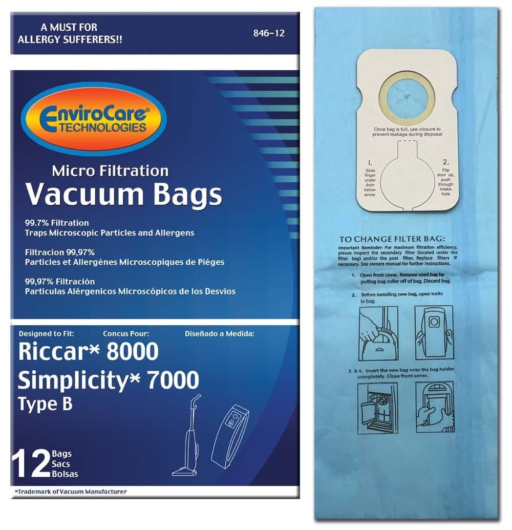 12 Riccar 8000 & Simplicity 7000 Type B Vaccum Bags, Upright, Commercial Vacuum Cleaners, 8000, 7000, 7200, 7250, 7300, 7350, 7700, 7750, 7900, 7950