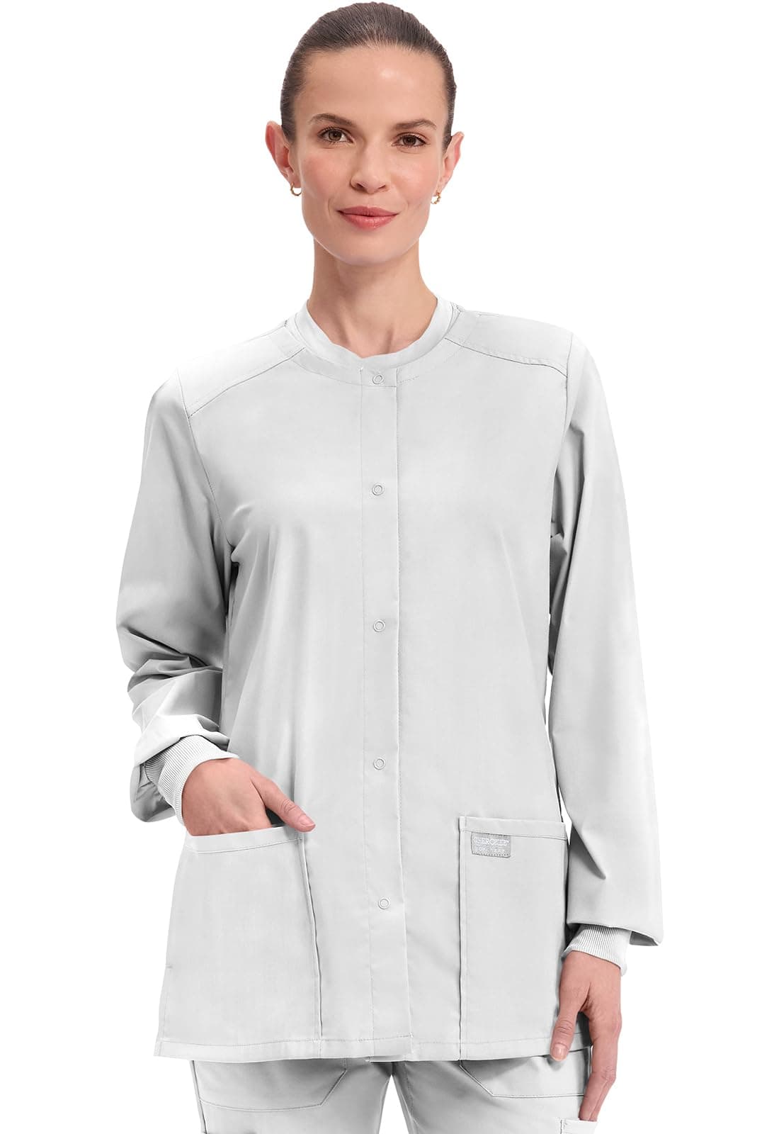 Cherokee Scrub for Women Snap Front Jacket with 3 Pockets, Fade Resistant, 2-Way Stretch, Soft & Durable Fabric - WW340, XL, White