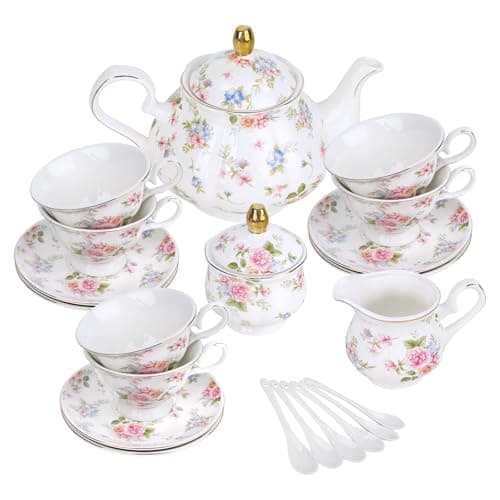 fanquare 21 Pieces Pink Blue Floral Porcelain Tea Set with Gold Trim, British Style Coffee Set for Adults, Vintage Romantic Gift Tea Sets for Wedding, Birthday, Women Tea Party