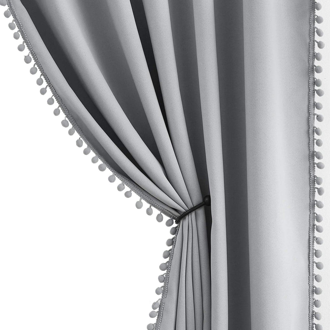 Pompom Full Blackout Curtains Grey Window Curtains for Basement 54 inches Thermal Insulated Room Darkening Curtain Drapes for Nursery 2 Panels