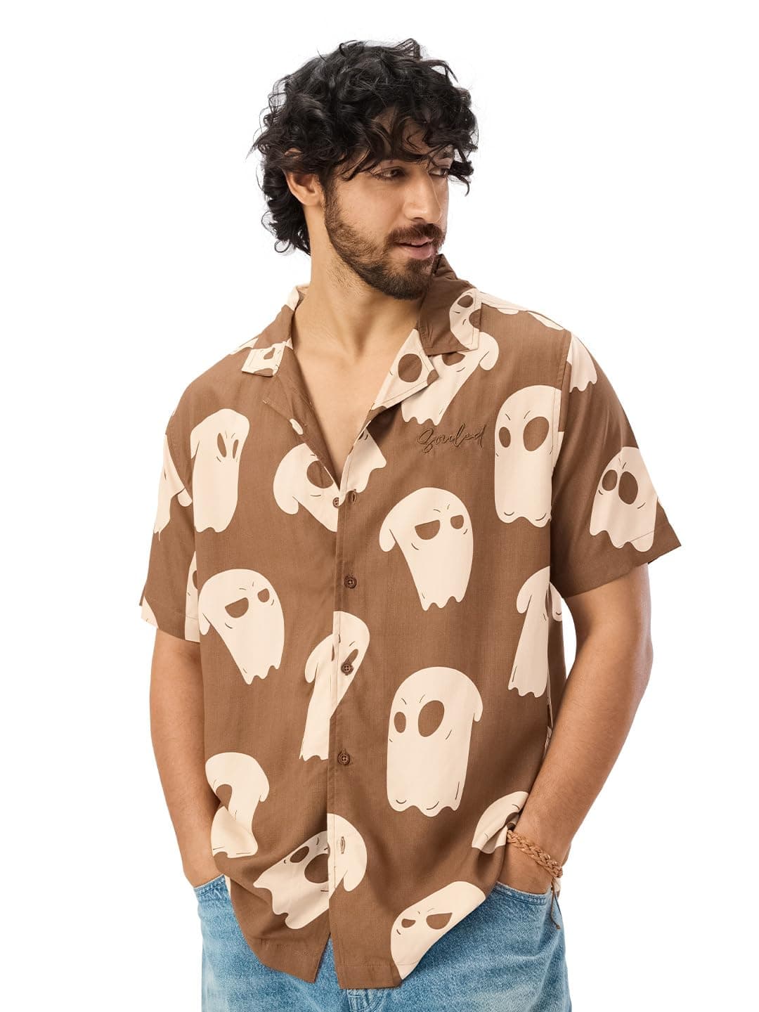 The Souled Store 4 Souls Holiday Men and Boys Short Sleeves Collared Neck Button Front Brown All Over Printed Rayon Casual Shirts