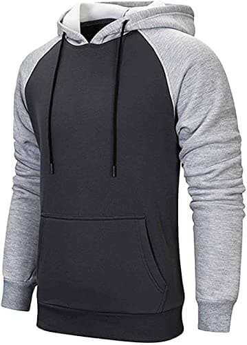 Wielsscca Mens Hoodies Patchwork Pullover Color Block Sweatshirts Casual Drawstring Tops with Pocket Dark Gray XL