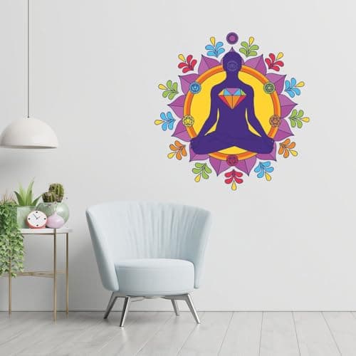 CVANU Colorful Printed Meditation Yoga Self-Adhesive Vinyl Wall Sticker for Wall Decoration Multicolor_(23.5x23.5inch)_Y153