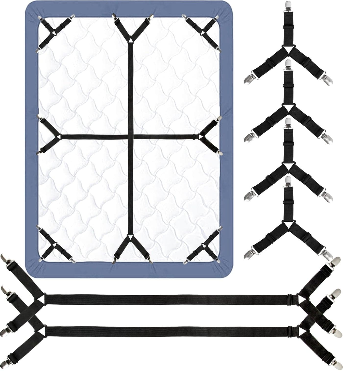 Bed Sheet Straps 6 Pack Fitted Bed Sheet Fasteners Clips Adjustable Crisscross Bed Sheet Holder Straps for Corners Mattress Sheet Suspenders Grippers Bedding Accessories Black