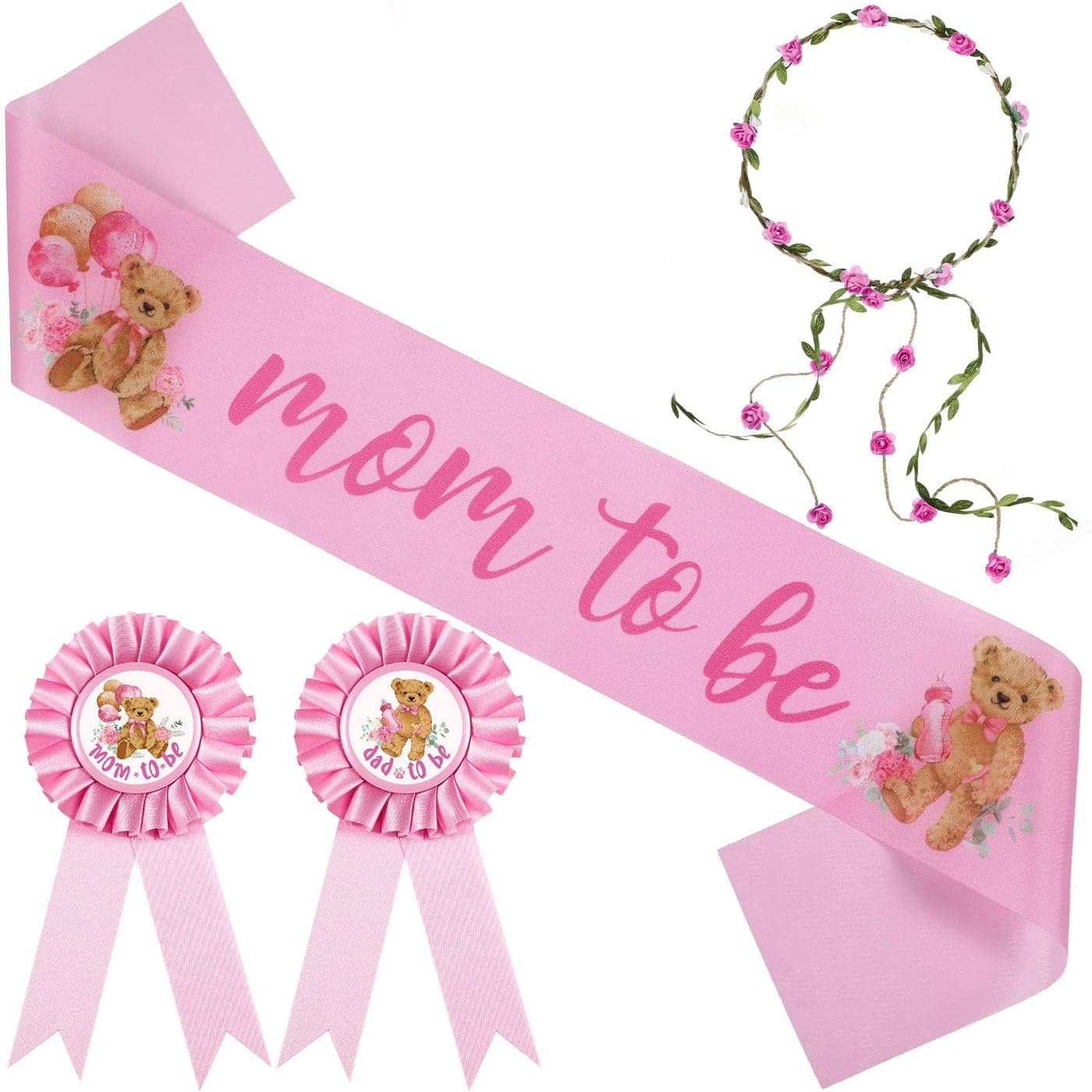 Tiamon Bear Theme Mom to Be Sash Baby Shower Dad to Be Pin and Flower Crown Headband for Gender Reveals Party Baby Shower Party Favors Decorations for Boys and Girls Pregnancy Props Keepsake Pink