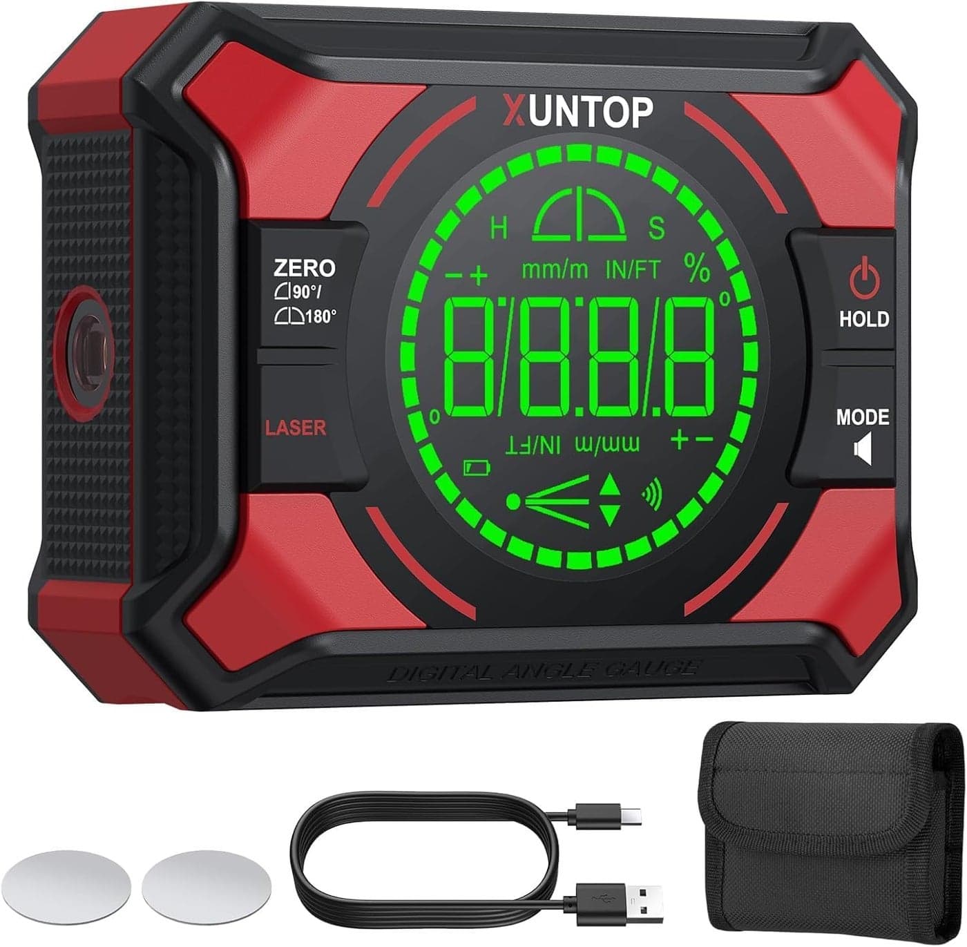 XUNTOP 4x90/2x180°(0.01°) Digital Angle Finder with Dual Laser Digital Angle Gauge with Bottom and Back Magnetic Rechargeable Inclinometer with Digital Level Bubble (Class 2 Laser, <1mW Power Output)