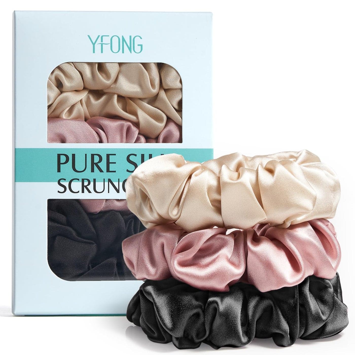 YFONG 3 PCS 100 Mulberry Silk Scrunchies for Women Girls 22 Momme Soft Hair Ties for Frizz Breakage Prevention Elastic Ponytail Holders Gentle And No hurt PinkBlackChampagne