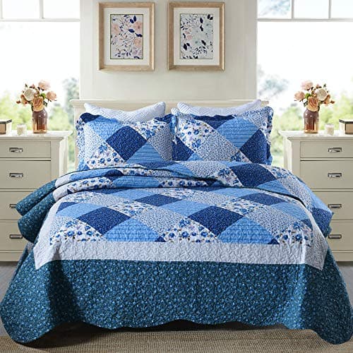 Travan Bedspread Quilt Sets 3Piece Lightweight Coverlet Set with Shams Reversible Quilted Bedding Set Blue Floral Patchwork Queen Size