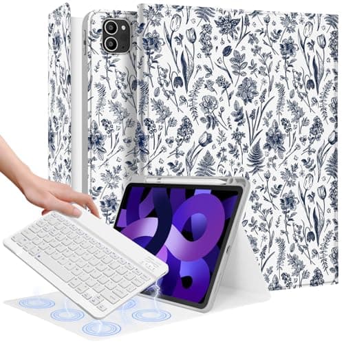 Uppuppy for iPad Air 11 inch Case 2024 - Air 5th/4th Generation 10.9, Pro 11 Case with Keyboard Pencil Holder Tablet Cover Folio Women Girl Cute Teen Blue Floral for iPad Air 11 2024 (M2), Pro 11