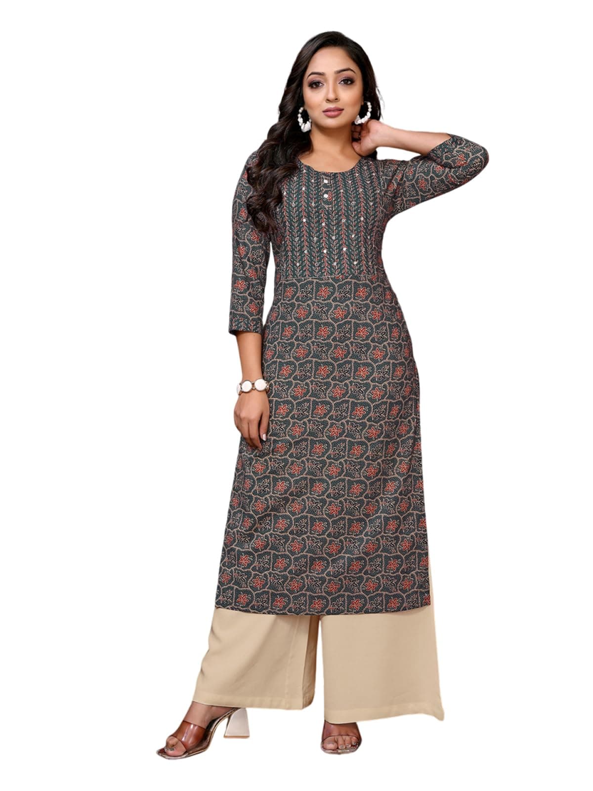 rangita Green Cotton Calf Length Embroidered Straight Kurti | Kurta for Women_L