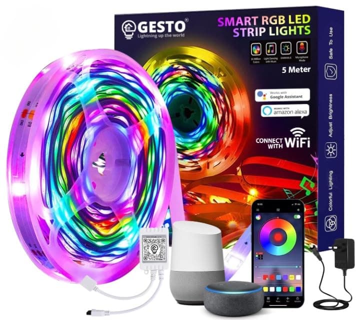 Gesto 300 LED Strip Lights with Adaptor - Music Sync RGB Lights with Alexa, Google & App Operated Waterproof Smart Light - Multicolor LED Lights for Home,Diwali,Christmas (5 Meter)