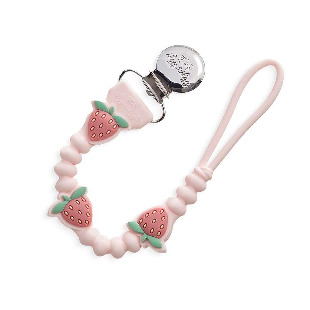 Itzy Ritzy Silicone Pacifier Clip 100 Food Grade Silicone Pacifier Strap with Clip Keeps Pacifiers Teethers Small Toys in Place Features OnePiece Design Cord Strawberry