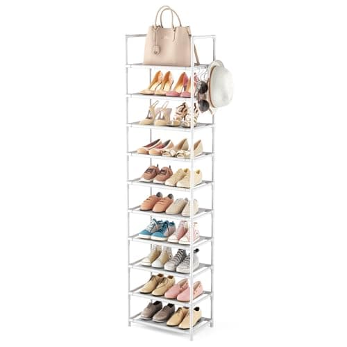 LANTEFUL 10 Tiers Tall Shoe Rack 2025 Pairs Boots Organizer Storage Sturdy Narrow Shoe Shelf for Entryway Closets with Hooks White