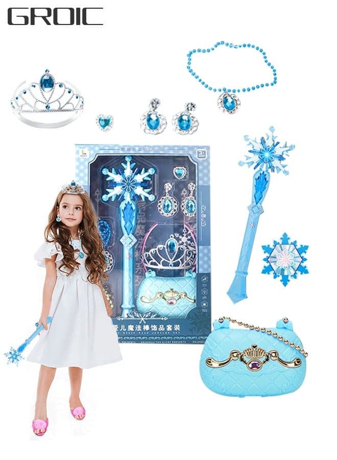 Princess Dress Up Sets Elsa Magic Stick Princess Fairy Wand Frozen Elsa Flash Music Wand Crown Set Girls Pretend Play Toys with Purse, Jewelry, Magic Wand, Crown