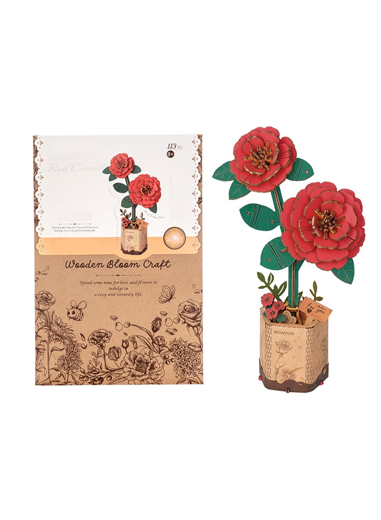 Red Camellia, 3d Flower Wooden Jigsaw Puzzle Blocks, Plant Diy Model Set Building Crafts, Collectibles, Creative Gifts And Toys