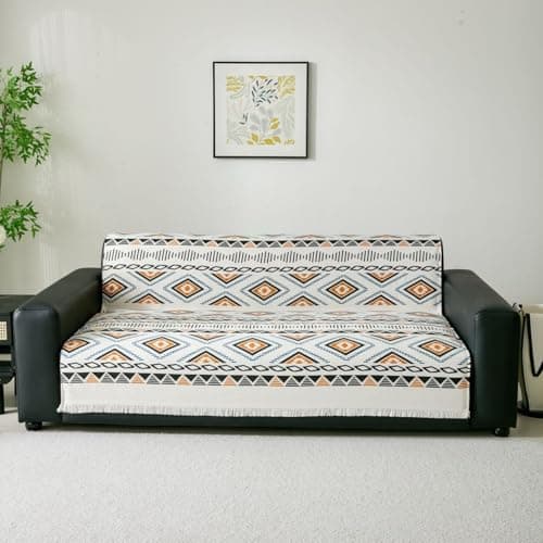 HOMETHREADS Chenille Dual Line Thick and Soft Sofa Cover | Elevate Your Living Space with Luxurious Slipcover Solutions for Sofa (Black Orange Squares, 1 Seater|70x180cm)