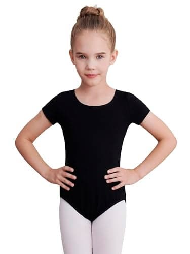 WEGETIT Gymnastics Leotards for Girls, Short Sleeves Gymnastics Ballet Leotard Toddler (Black, 6-8 Years)
