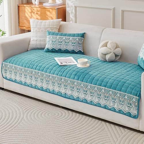 HOKIPO 'BelleLace Series' Imperial Milk Velvet Sofa Cover Mat with Lace Design| Make Your Own Sofa Cover Set, Mat Length 90(D) x 220(L) cm, Teal (AR-5968-TEAL)
