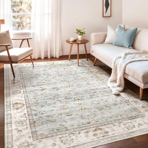 WITSHOCK 5x7 Washable Area Rug, Vintage Rug Traditional Floor Cover, Boho for Living Room Bedroom Kitchen Accent, Non-Slip Stain Low Pile Resistant Floor Carpet, Light Blue