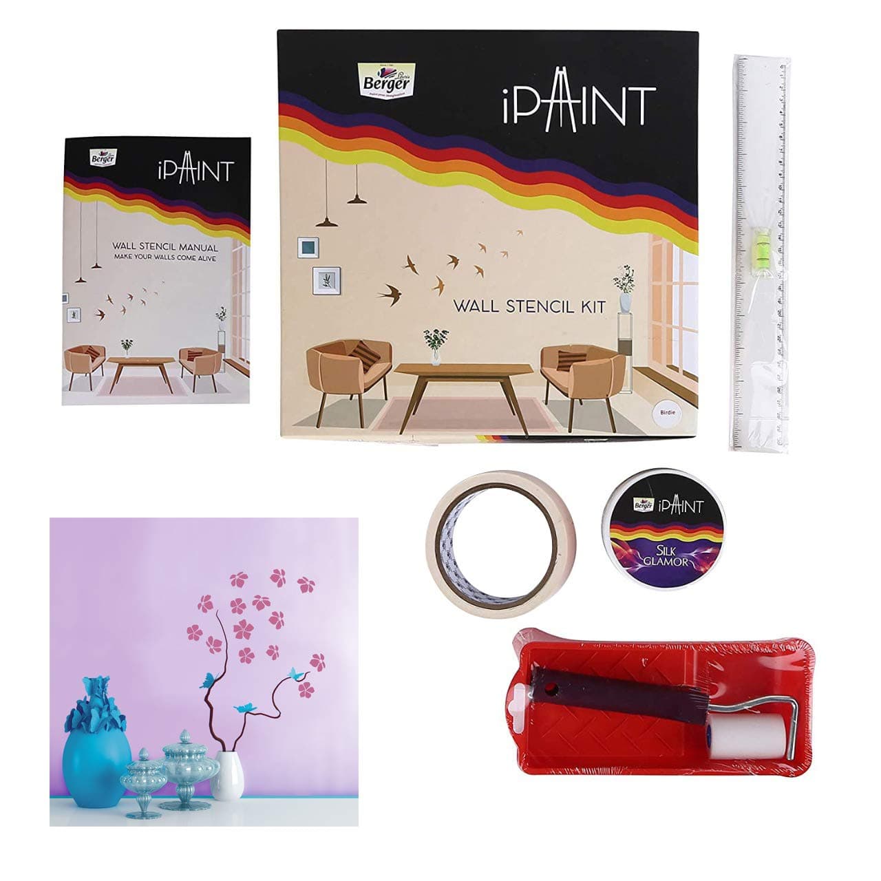 Berger iPaint DIY Wall Flora Stencil Painting Kit 2 Foam Roller Painting Tray 200 ml Silk Glamor Paint Tight Embrace Stencil Set Masking Tape Leveller Scale DOU Booklet Multicolor