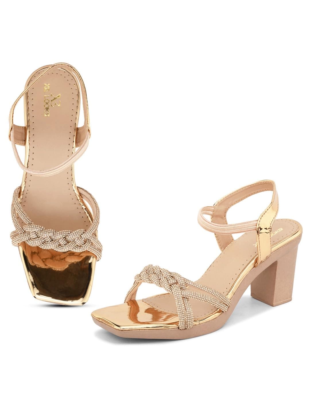 XE Looks Women's Gold Block Heel Sandals | Braided Strap Design with Glossy Finish | Elegant Sandals With Ankle Strap | Comfortable & Stylish Block Heels For Girls & Women