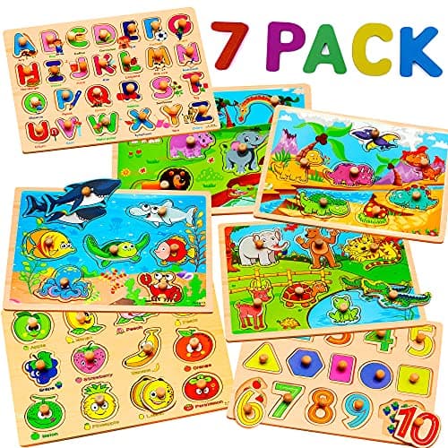 7 Pack Wooden Puzzles for Toddlers 2 3 4 5 Years Old 7 Colorful Chunky Wood Peg Puzzles for Kids Ages 25 Alphabet Shape Numbers Fruits Sea Animals Dinosaur Zoo Educational Toddler Learning Toys