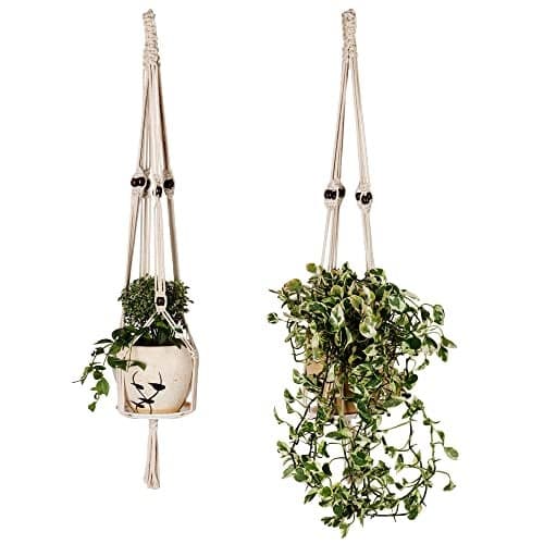 Green Roots Macrame Cotton Rope Plant Hanger/Hanging Planter, Flower Pot Holder 35 inches with 2 Layers Wooden Beads - Set of 2 Off White