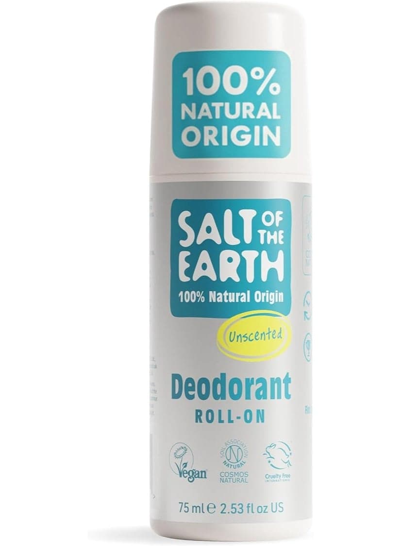 Salt of the Earth - Natural Deodorant Roll On - Effective Protection, 100% Natural Origin Ingredients, Vegan, Fragrance Free, Suitable for Women, Men & Kids - Unscented - 75ml