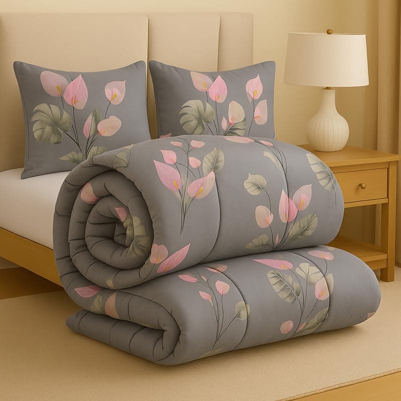BSB HOME Premium Microfiber Printed Double Bed Comforter with 2 Matching Pillow Covers | All-Season Reversible AC Blanket for Winter & Summer | Soft & Lightweight Quilt for Double Bed -Slate Grey