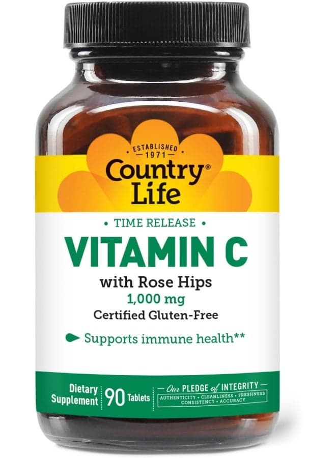 Country Life Vitamin C 1000mg with Rose HIPS – Time Release Immune Support Supplement – Antioxidant Protection – Vegan, Gluten-Free, Preservative-Free – 90 Tablets