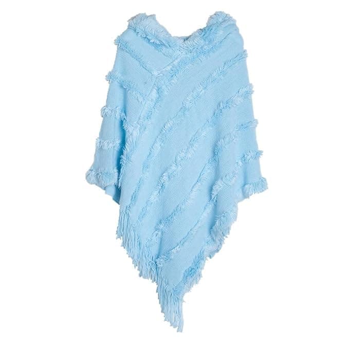 Bold N Elegant Woolen Warm Winter Hooded Poncho Cape Coat with Fur Tassel Fringe Hem & Hoodie for Women (IN, Alpha, Free Size, Light Blue)