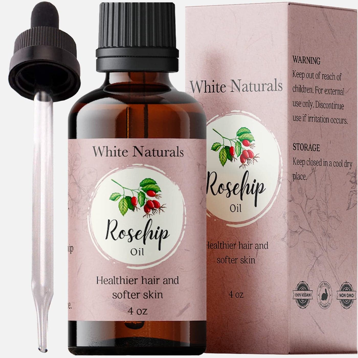 White Naturals Organic Rosehip Seed Oil Cold Pressed Unrefined 100 Pure Rose Hip Carrier Oil Natural Moisturizer For Body Face Hair Skin Massage Nails Facial Serum AntiAging Treatment 4 oz