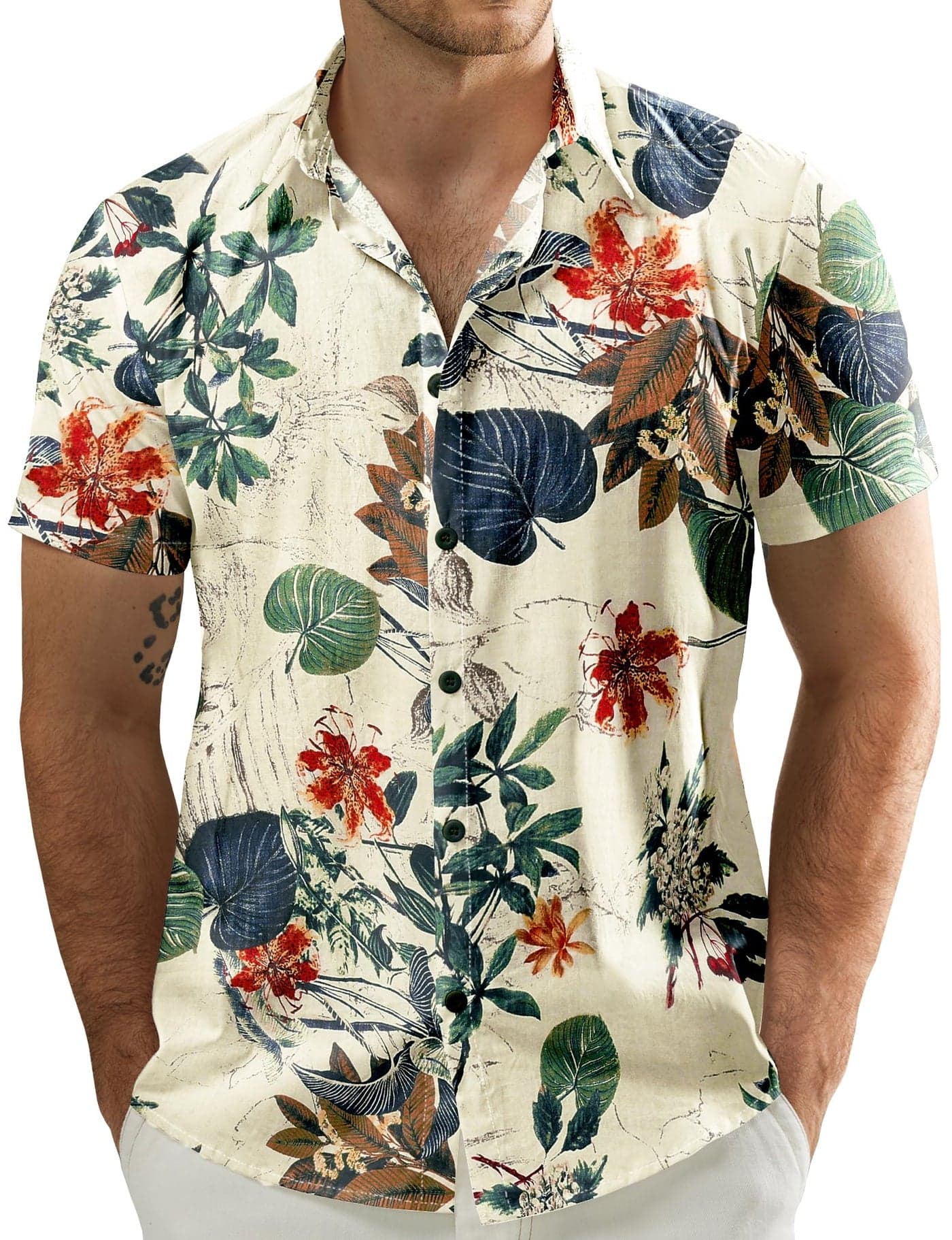 JOGAL Men's Flower Casual Button Down Short Sleeve Hawaiian Shirt XX-Large White