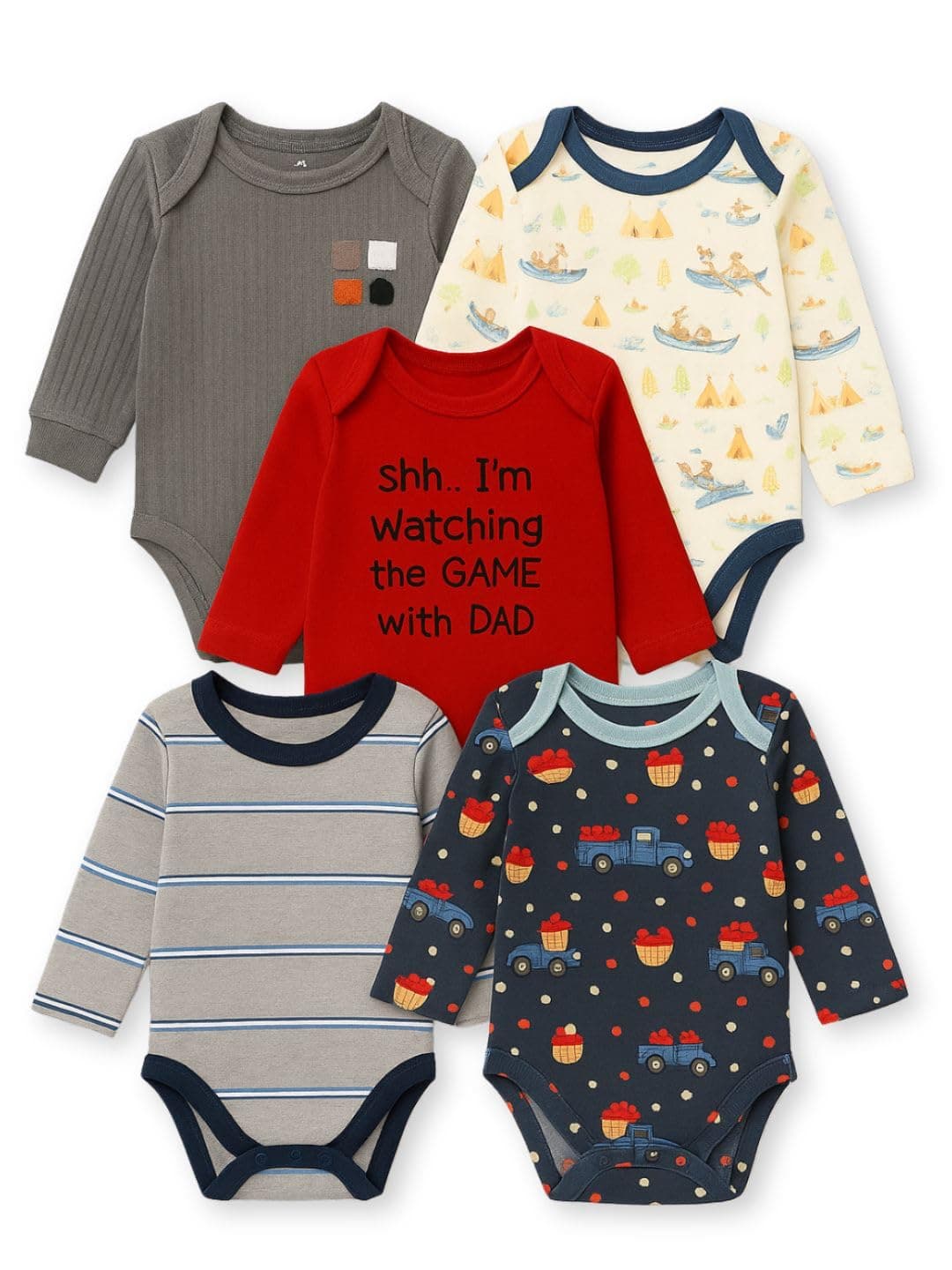 TuddyBuddy 100% Cotton Multi Color Long Sleeves Bodysuits/Rompers for Baby Boy (Pack of 5 - Stretchy Pastels Colors, 3-6 Months Baby)