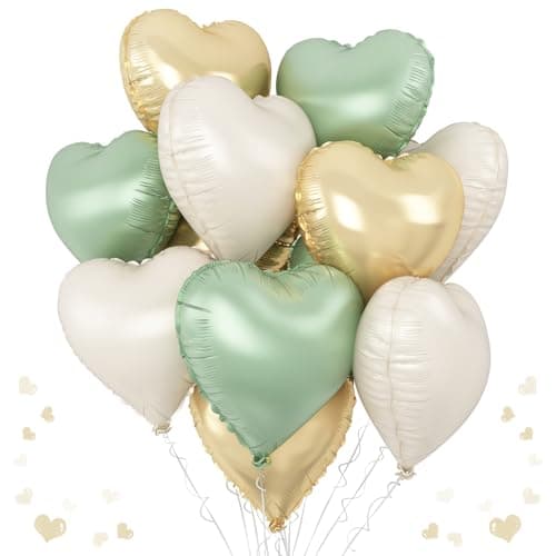 Sage Green Gold Heart Balloons 12PCS Green Gold Heart Shaped Foil Balloons 18Inch Green Cream White Heart Helium Foil Balloon for Jungle Woodland Birthday Wedding Baby Shower Party Decoraion