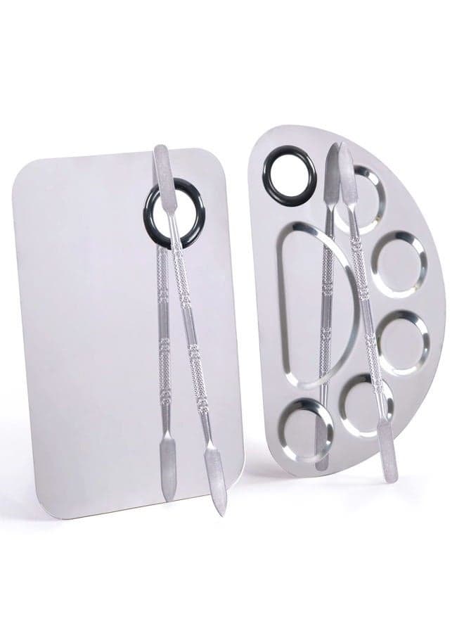 Stainless Steel Metal Makeup Palette with Spatula Artist Tool for Mixing Foundation Nail-Art, Cosmetic Makeup Palette, Makeup Plate, 6×4"/Silver/2pcs