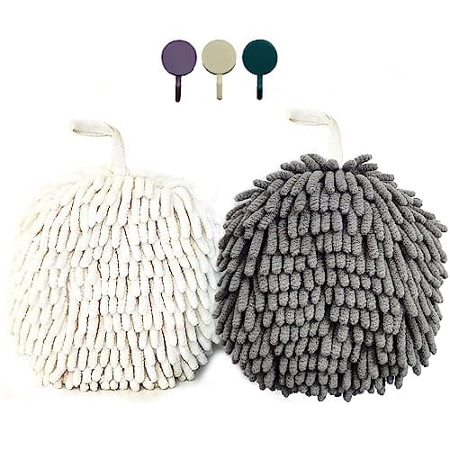 ACOCPOL Chenille Hand Towel, Cute Flat Ball Shape, Thickened Sponge Instant Absorbent Quick-Drying Towel, Kitchen Bathroom Hanging Convenient Quick-Drying (White Gray)