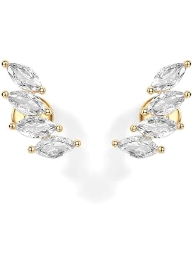 14K Gold Plated Sterling Silver Post Navette CZ Crawler Flat Back Earrings for Women | Small Cartilage Cubic Zirconia Stud Earring | Helix Piercing Jewelry