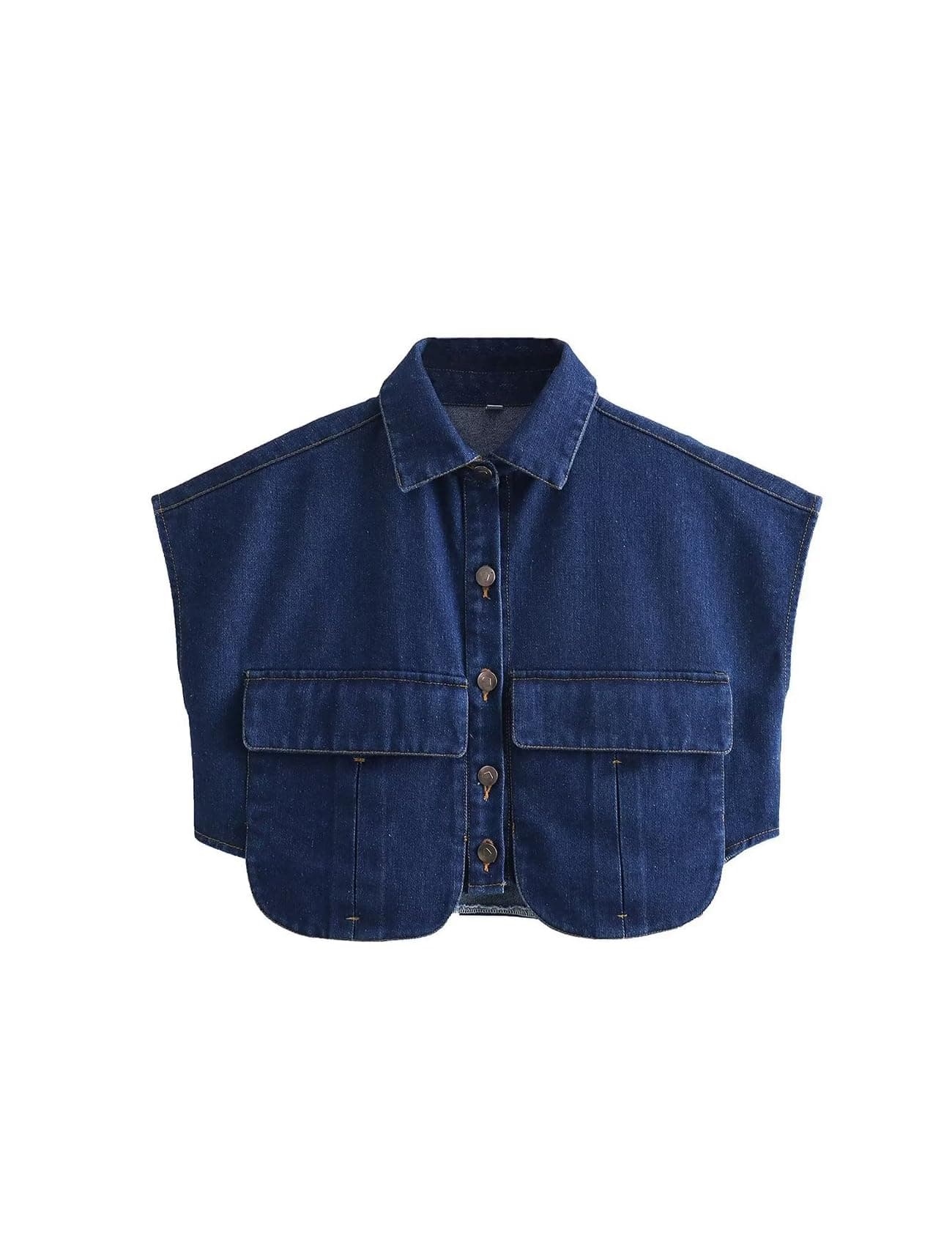 Perbai Womens Cropped Button Down Shirt Summer Collared Sleeveless Loose Denim Top with PocketsDarkBlueS