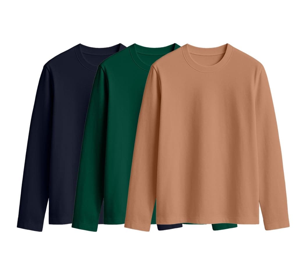 JUNEBERRY® Cotton Round Neck Regular Fit Plain Solid Full Sleeve T-Shirt Combo for Women (Pack of 3) (PO3_JB_FS_GR_NY_CR_M)