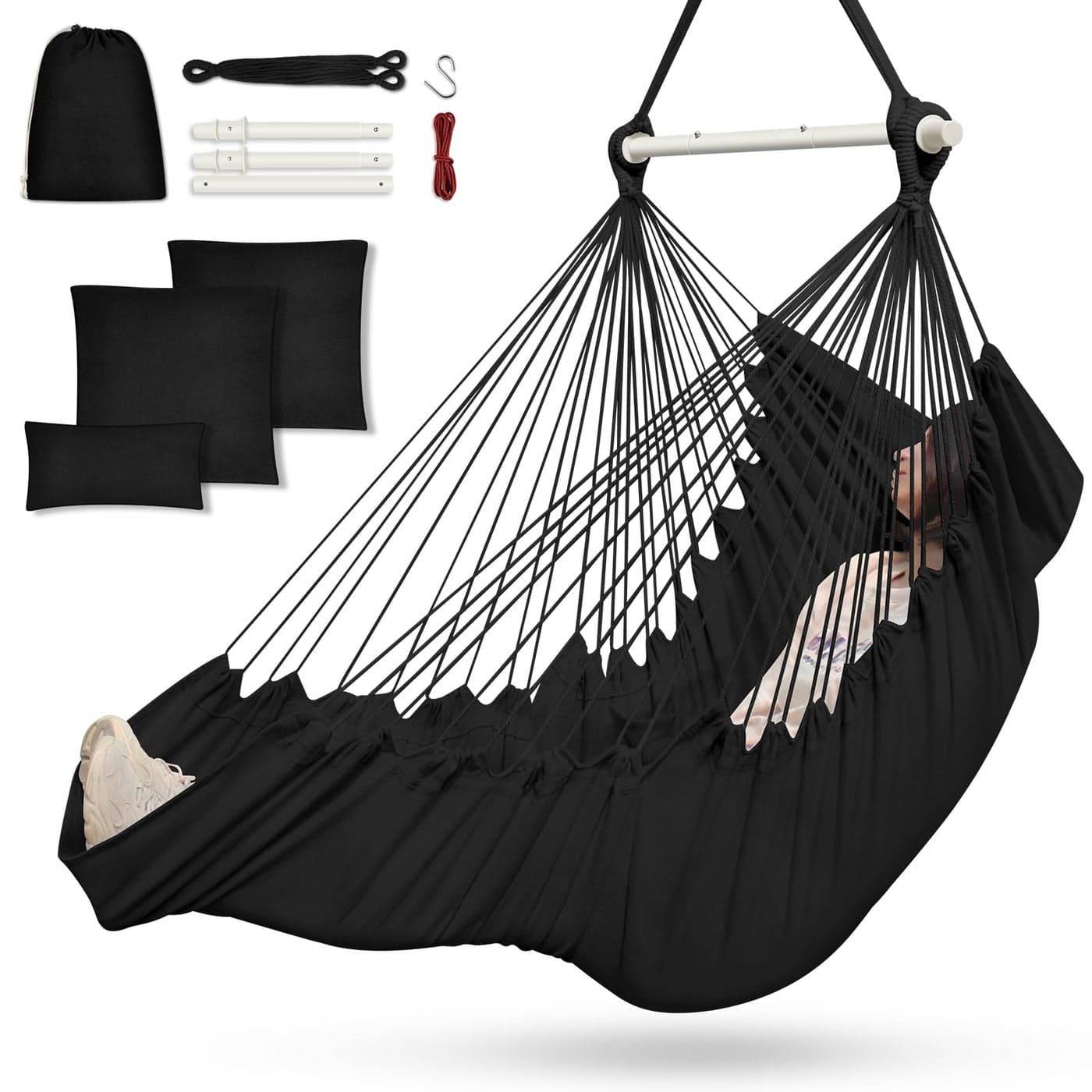 Outerman Hammock Chair Hanging Chair with 3 Cushions and Foot Rest Support Sturdy Metal Spreader Bar Max 500Lbs Swing Chair for Bedroom Indoor Outdoor Patio Porch or TreeBlack