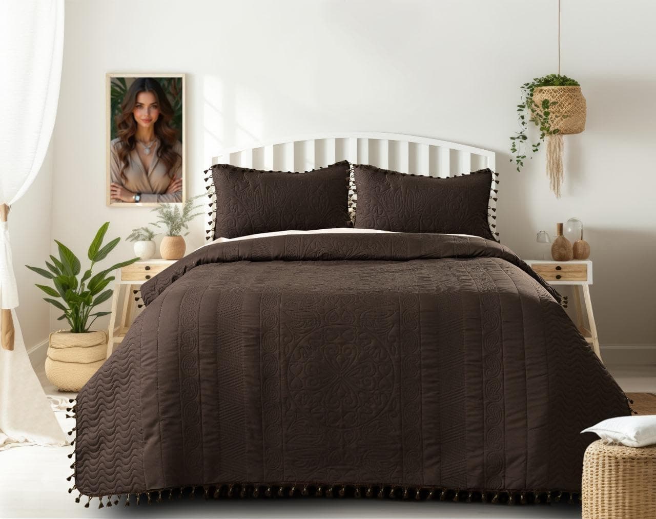 Furnistitchs Solid Quilted Bed Cover King Size 230x250 cm with Tassels – Premium Luxury Bedspread Bedsheet/Comforter with 2 Pillow Covers – Soft & Stylish Bedding for All Seasons (Coffee Brown)