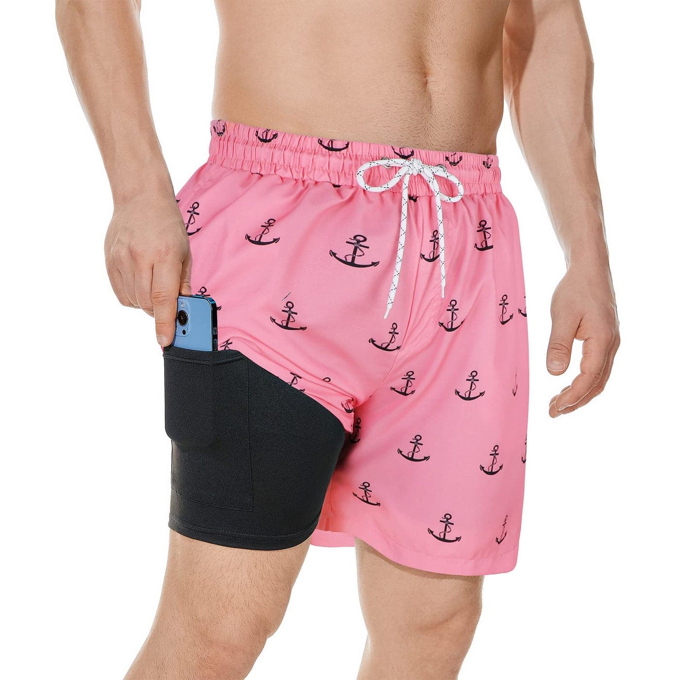 American Trends Men's Swimsuit Swim Trunk Mens 7 Inch Inseam Boardshorts Swimwear Beach Pool Bathing Suits Pink Anchor L