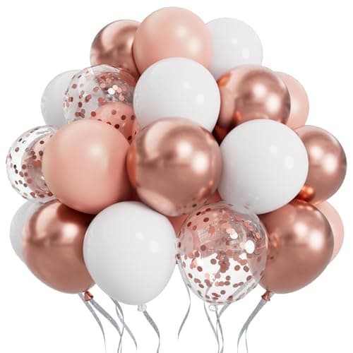 SUWEN 60PCS Metallic Rose Gold Confetti Balloons Set Latex Helium Chrome Rose Gold Balloon for Birthday Wedding Bridal Shower Anniversary Party Decorations