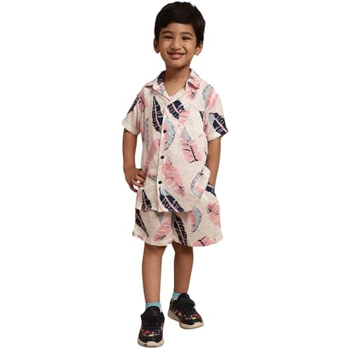 superminis Boys Coordinated Set With Printed Rayon Shirt and Shorts (7-8 Years, Pink)