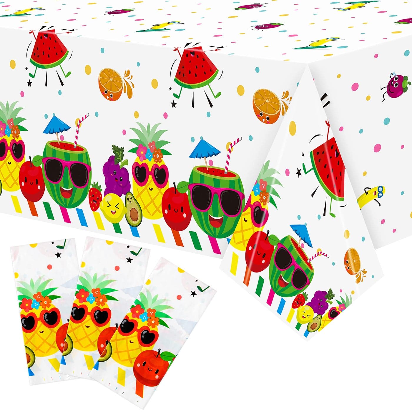 BkeeCten 3 Packs Fruit Theme Table Cover Decorations Watermelon Pineapple Disposable Plastic Tablecloths for Kids Birthday Baby Shower Summer Fruit Hawaii Party Decorations Supplies 54x108 inch